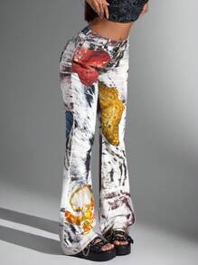 Jeanoix Jeans de mujer vaqueros informales con estampado de moda callejera vintage