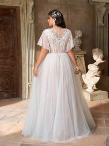 Aureia 加大码优雅浪漫奢华白色串珠亮片装饰连衣裙，飘逸荷叶边裙，适合晚会、派对、婚礼、蜜月、新娘 - 白色 - 查看 4