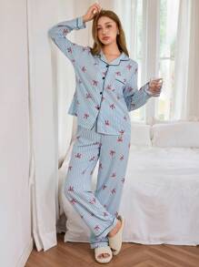 Dream Adore Set pigiama da donna con stampa a righe, fiocco e bavero, maniche lunghe, colore blu, abbigliamento autunnale - Multicolore - Visualizzare 6
