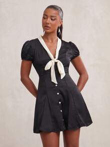 NYA SZN Black And Cream Summer 1960s Vintage Tea Party Dress,Short Sleeve V Neck Satin Mini For Women,Casual Business Office Wedding Guest Bridal Vacation - Black - View 4