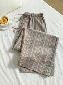 Comfortcana 棉麻纹理条纹系带腰部舒适休闲大码裤子 - 彩色 - 查看 4