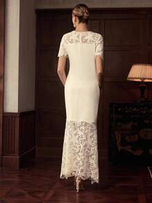 ZEYLAH Women's Crew Neck Short Sleeve Fitted Extra Long Lace Embroidered Dress, Autumn/Winter