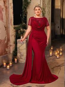 Glamrae Plus Size Burgundy Red Transparent Floral Applique High Waist Draped Asymmetric Fishtail Hem Evening Dress,Spring Formal Elegant Formal Occasion - Red - View 7