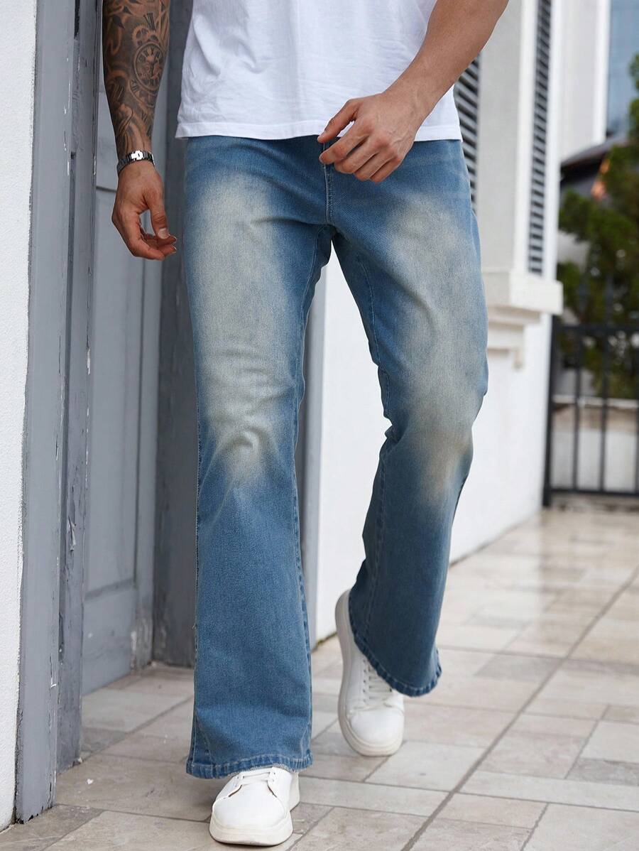 Manfinity Homme Retro Blue Slit Hem Design Jeans, Fashionable & Slim Fit Straight Leg Flared Pants For Men - Blue - View 1