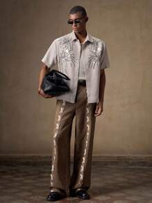 AKNOTIC Business Casual 男士杏色手工刺绣烟花反光亮片刺绣休闲宽松短袖衬衫，时尚适合日常穿着、度假、派对、毕业典礼、海滩、家庭聚会、礼物 - 杏色 - 查看 2