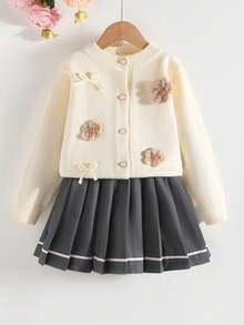 SHEIN 秋冬宽松舒适少女圆领长袖毛衣和纯色裙子套装 - 卡其色 - 查看 3