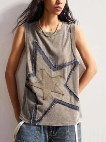 Bohemela Vintage American Style Knitted Patchwork Five-Pointed Star Embroidered Pattern Loose Wash Sleeveless Tank Top For Women Western Tops Patchwork Top Star Top Free People Graphic Tee