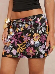 Lumalex Fall Modest Old Money Coquette Glitter Holiday Party Rave Festival Outing Swim Vacation Bohemian BOHO Sea Beach Hot Outdoor Richly Layered Wedding Season Banquet Coming Of Age Ceremony Beach Seaside Floral Beaded Sequins Embroidered Low Waist Tie-Up Mini Skirt