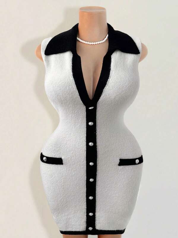 Sunspun Plus Size Button Decor Fitted Black & White Sweater Dress, Sexy