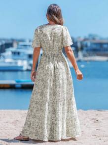 Sylviya 花卉印花双层收腰拼布波西米亚音乐节连衣裙，休闲夏日假期 - 彩色 - 查看 2