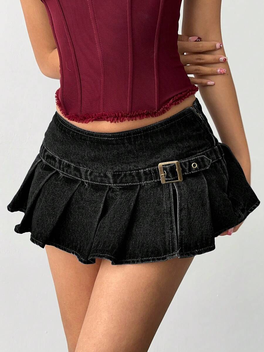 Aloruh 女式性感超低腰牛仔褶皱迷你裙 - 深灰色 - 查看 1