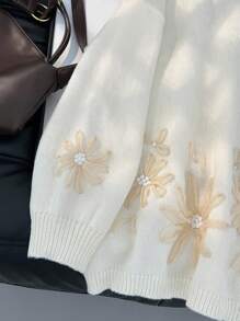 Firerie Plus Size Elegant French Embroidery Color Block Fancy Knitted Pullover Sweater Top For Women Fall/Winter - Beige - View 11