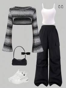 适合青春期女孩的 3 件套服装：喇叭袖格子短款针织罩衫、纯色背心和实用工装裤 - 休闲街头风格