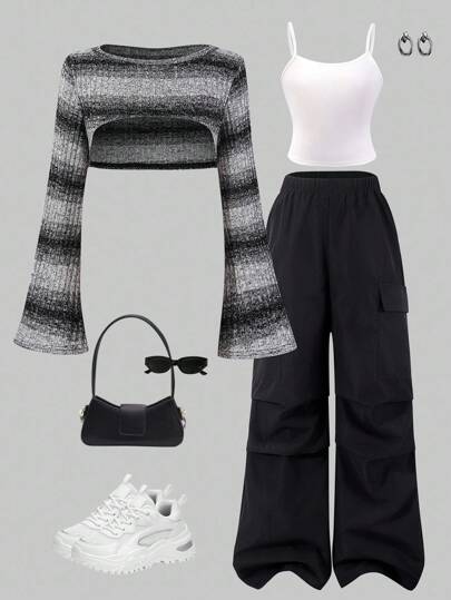 适合青春期女孩的 3 件套服装：喇叭袖格子短款针织罩衫、纯色背心和实用工装裤 - 休闲街头风格