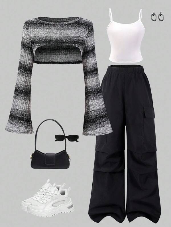 适合青春期女孩的 3 件套服装：喇叭袖格子短款针织罩衫、纯色背心和实用工装裤 - 休闲街头风格