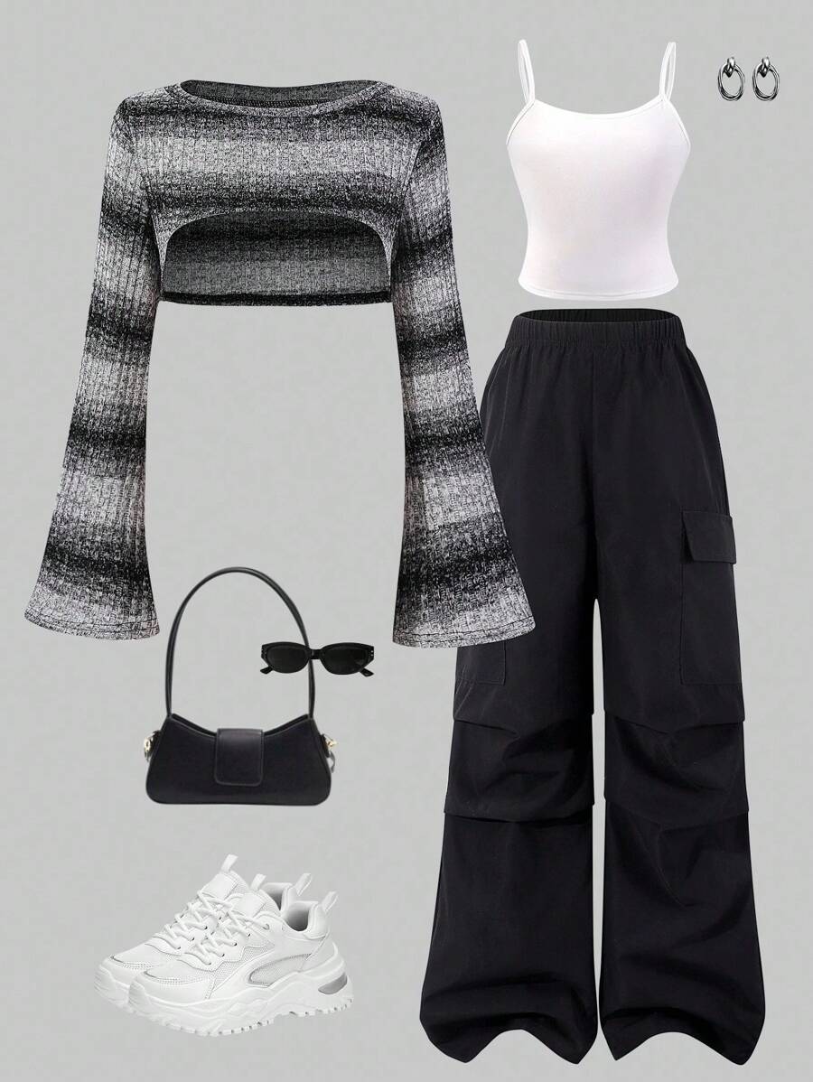 适合青春期女孩的 3 件套服装：喇叭袖格子短款针织罩衫、纯色背心和实用工装裤 - 休闲街头风格