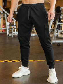 Manfinity Homme Pantalones de chándal negros para hombres, pantalones rectos informales con cordón en la cintura