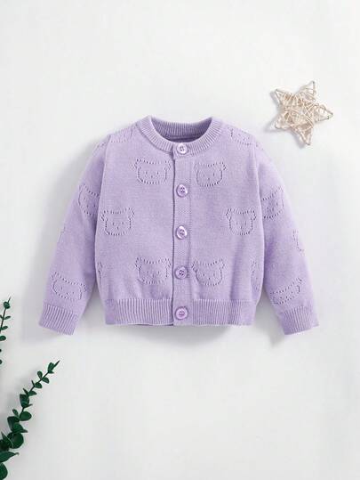 SHEIN Chaqueta de punto con cuello redondo de manga larga con diseño de oso lindo para bebé recién nacido niño en otoño/invierno