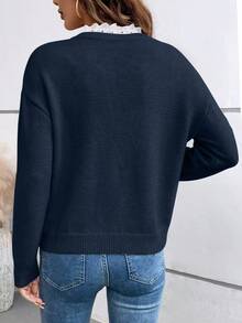 SHEIN PETITE French Style Women Romantic Lace Trim Crew Neck Long Sleeve Sweater Fall Winter Cloth For Women - Blue - View 2