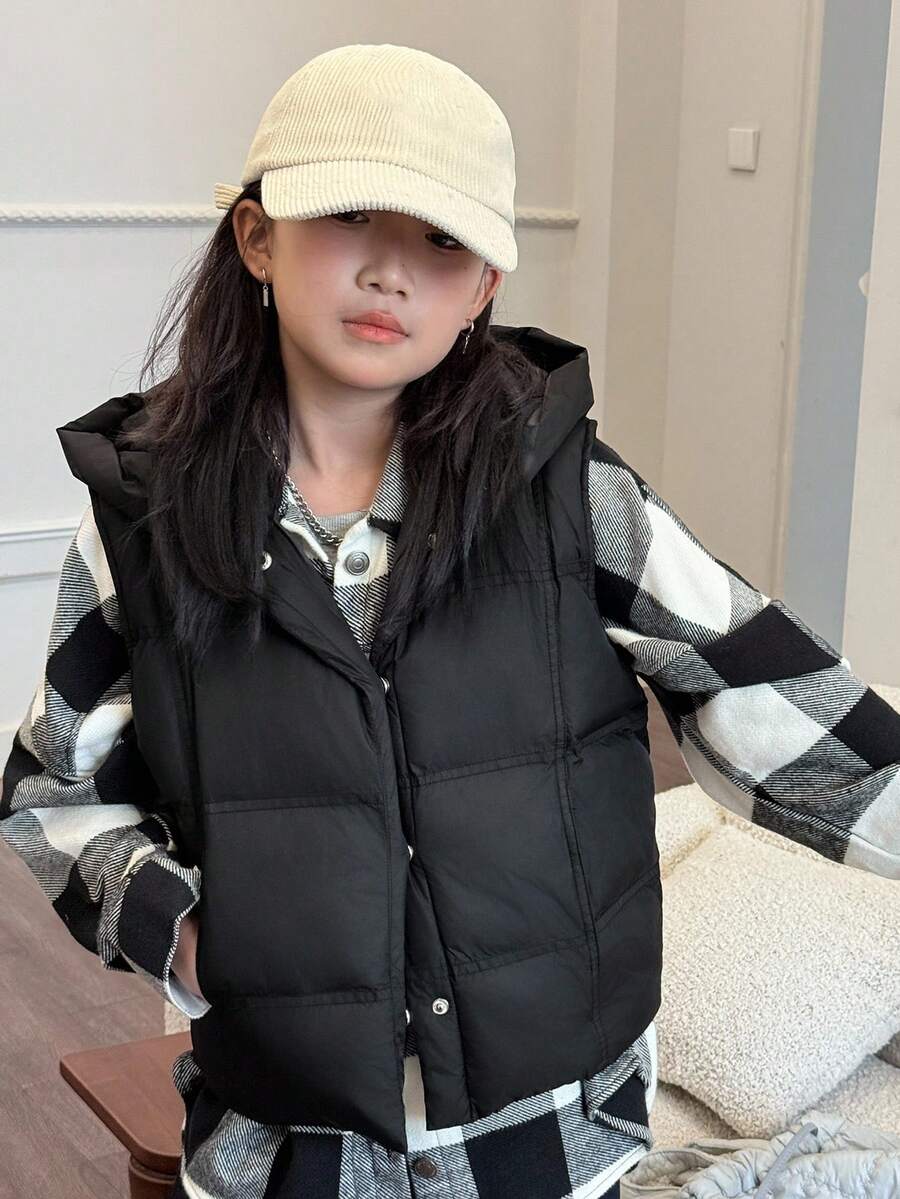 DAZY Tween Girls Winter Hooded Solid Color Casual Padded Vest - Black - View 1