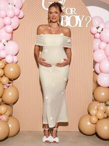 Váy bầu trễ vai họa tiết hoa dự tiệc thanh lịch - Màu be - Xem 4