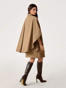 SHEIN Tall Abrigo tipo capa largo de mujer para otoño, de color liso, con mangas de murciélago, abotonado sencillo, casual y holgado, para mujeres altas - Caqui - Ver 8