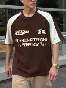 Manfinity Campus Court Men's Casual Color Block Letter Print T-Shirt, Summer Freedom Shirt Brown Graphic Tee Men Men Graphic Tshirt Brown Tshirt Men Casual Tshirt Men - Multicolor - View 1