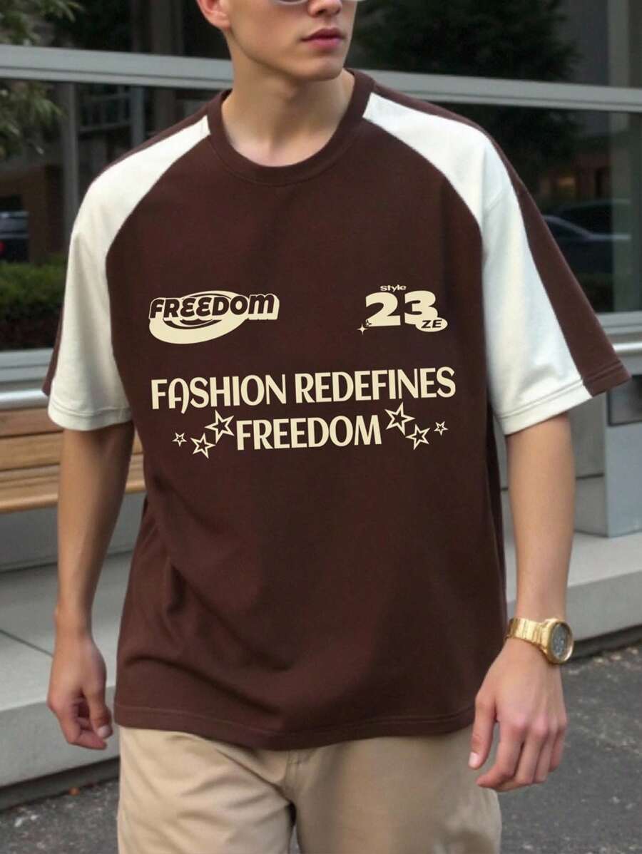 Manfinity Campus Court Men's Casual Color Block Letter Print T-Shirt, Summer Freedom Shirt Brown Graphic Tee Men Men Graphic Tshirt Brown Tshirt Men Casual Tshirt Men - Multicolor - View 1