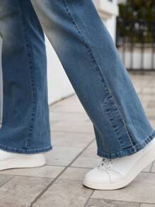 Manfinity Homme Retro Blue Slit Hem Design Jeans, Fashionable & Slim Fit Straight Leg Flared Pants For Men - Blue - View 5