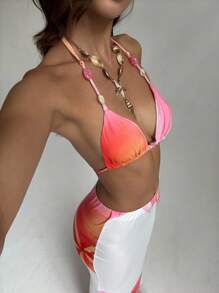 Aloruh Conjunto de top corto con escote halter y falda larga con estampado floral para vacaciones de mujer - Rosa - Ver 6