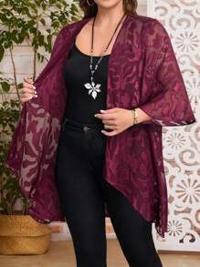 EMERY ROSE Plus Size Women Jacquard 3/4 Sleeve Open Front Casual Vacation Jacket - Burgundy - View 6