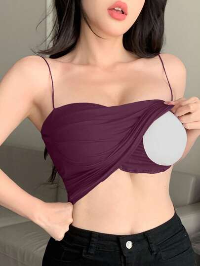 DAZY Self-Padded Bust Pleated Design Fitted Camisole Thin Strap Base Top Crop Women Tops