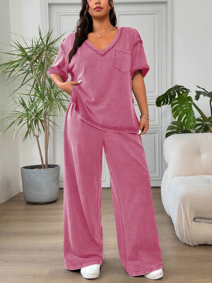 Solflare 2 件套女士加大码玫瑰红色 T 恤和运动裤，休闲套装 - 玫紅色 - 查看 1