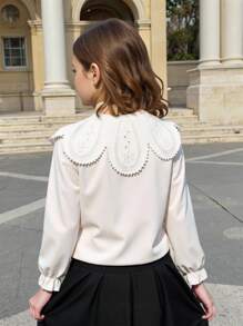 SHEIN 女孩优雅刺绣花领长袖开襟单排扣休闲公主衬衫，适合上学、度假、旅行、生日派对、春秋季