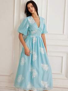 Chiquease Nuevo vestido elegante de manga corta con escote en V y bordado sobre fondo albaricoque para primavera/verano - Azul - Ver 3