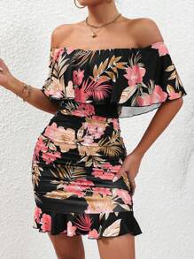 Selianne Plants Print Off Shoulder Ruffle Trim Ruched Bodycon Dress Vacation Beach Outfits Women - Black - View 6