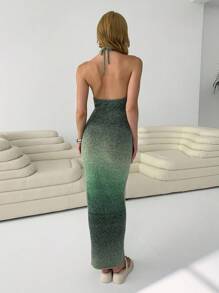 SHEIN EZwear 渐变绿色木珠露背修身针织长裙 - 綠色 - 查看 2