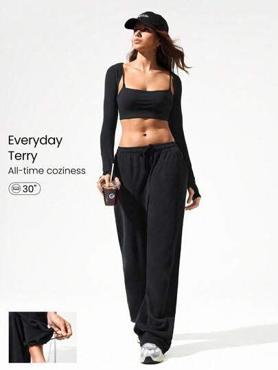 GLOWMODE 日常毛圈布双向穿着可调节抽绳腰带阔腿慢跑运动裤带侧袋日常休闲装