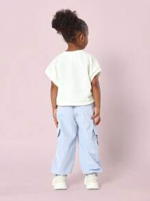 Bộ quần áo thun croptop trẻ em kèm quần túi hộp ống rộng thoải mái cho lễ hội mùa xuân dạo phố thường ngày - Màu xanh lam - Xem 2