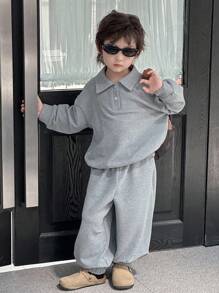 DAZY 2 件套儿童男童休闲 Polo 领运动衫和运动裤套装，宽松华夫格面料，秋季