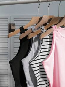 SHEIN EZwear 4件套女士休闲条纹蝴蝶结樱桃印花吊带背心，百搭性感紧身款，适合夏季返校季