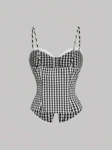 SHEIN MOD 女士蕾丝边格子印花单排扣时尚波西米亚风上衣、波西米亚风女装、女士早午餐、茶会、狂欢上衣、办公室/通勤、优雅浪漫可爱休闲度假海滩日常街头约会百搭女士背心、紧身胸衣