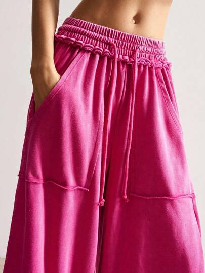  Bohemela Casual Knitted Snow-Washed Solid Color Patchwork Loose Wide-Leg Washed Women's Pants Pink Pants Women Hot Pink Pants Pants With Pockets Elastic Waist Pants Wide Leg Pants