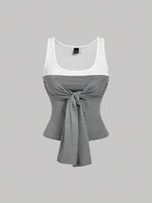 SHEIN MOD Top bandeau con nudo gris para mujer, look de regreso a clases, top tubo tejido - Gris - Ver 1