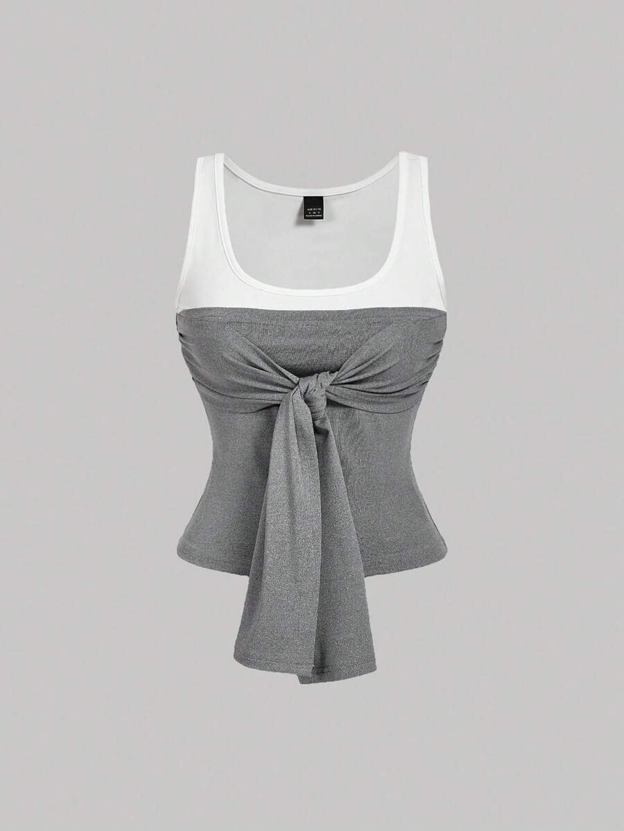 SHEIN MOD Top bandeau con nudo gris para mujer, look de regreso a clases, top tubo tejido - Gris - Ver 1