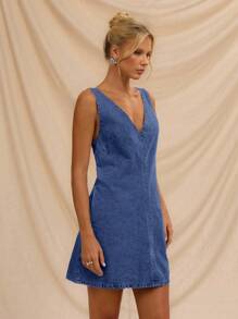 Avantive 女式V领无袖休闲牛仔迷你连衣裙，宽松舒适的音乐节风格 - 藍色 - 查看 5