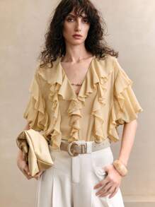 Arave Blusa casual da donna a maniche corte, a tinta unita, con scollo a V, decorata con volant, elegante e romantica