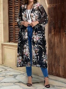 EMERY ROSE Plus Size Casual Loose Fit Sheer Cardigan Sweater, Plus Size Women Clothes,Versatile For Everyday Wear, Floral Kimono, Long Kimono, Plus Size Western Outfits Women,Suitable For Early Autumn,Going Out Outfits,Western Outfits ,Women Vacation Outfits,Early ,Fall Women Clothes,Fall Clothes For Women ,Spring - Black - View 4