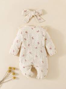 SHEIN Newborn Baby Girl Cute Bow Print Cotton Comfortable Princess Jumpsuit, Spring & Autumn Fall Winter