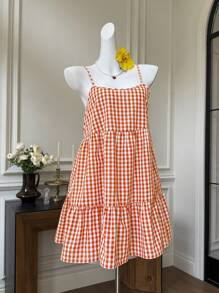 MainGRL Women's Summer New Plaid Babydoll Slip Dress With Open Back Vacation Dress - Orange - View 2
